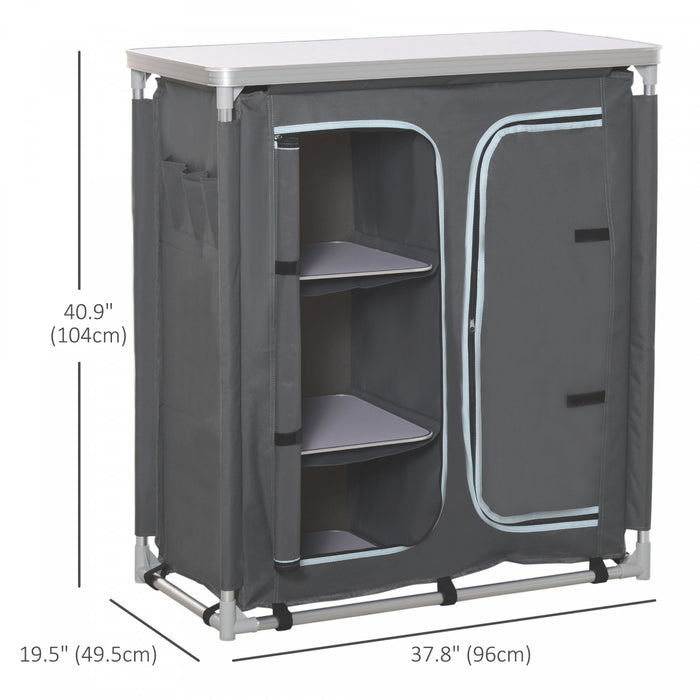 Table de camping en aluminium Outsunny, 3 etageres de rangement, gris