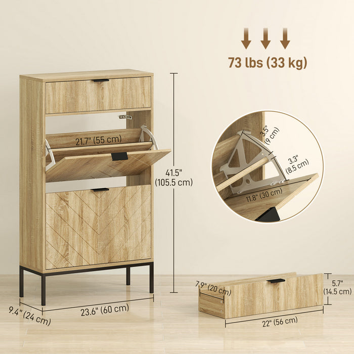 HOMCOM Meuble a chaussures avec 2 tiroirs rabattables pour 8 paires, chene