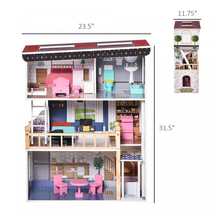 Qaba 13 Pcs Maison De Poupees A 3 Etages Pour Enfants, Dreamhouse Villa, Pour Tout-petits, Petites Filles, Maison A Plusieurs Niveaux, Avec Ascenseur, Kit D'accessoires Pour Meubles Rose
