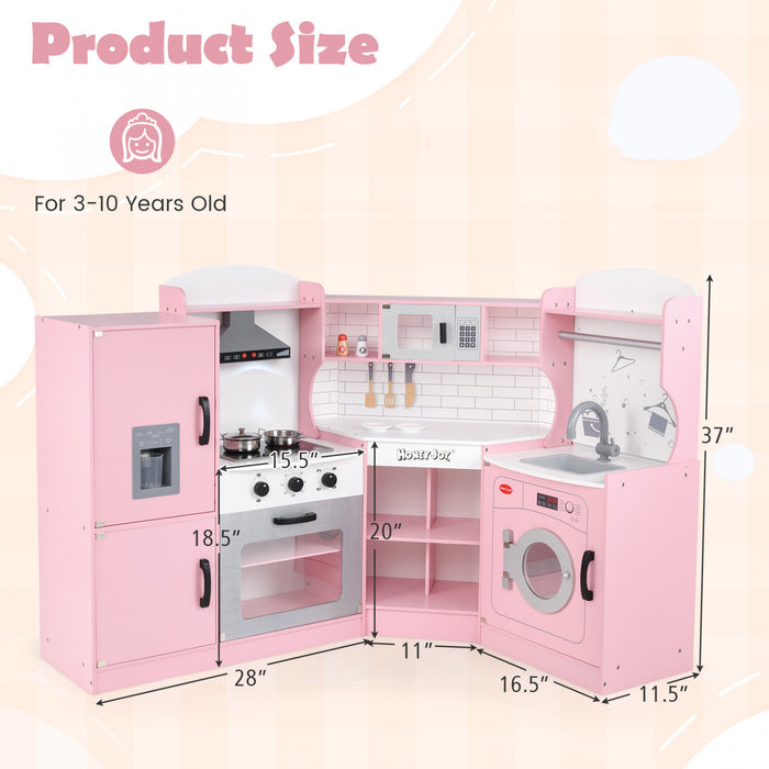 Honeyjou Corner Play Kitchen Baby Kitchen Playset Avec Capuchon De Gamme, Machine A Glace, Micro-ondes Rose
