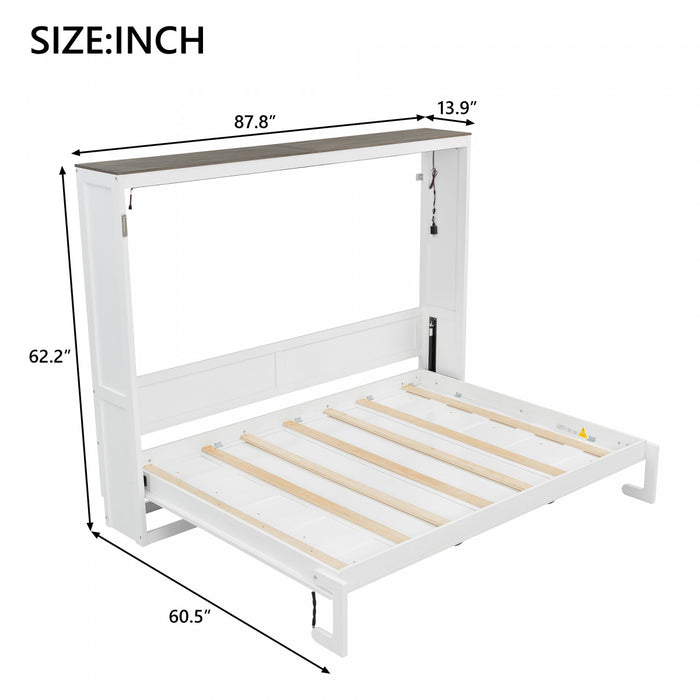 Lit escamotable Olivia en bois massif avec lumiere LED et armoire pliante, taille queen, blanc
