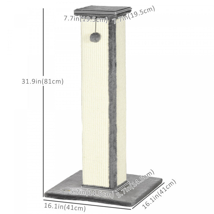 Pawhut Arbre A Chat 32\" De Haut Pour Chats Et Chatons D'interieur, Griffoir Vertical, Griffoir En Sisal Avec Boule Suspendue Et Peluche Douce, Gris