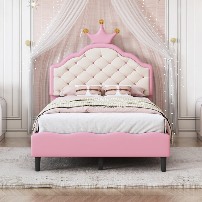 Lily Lit de Princesse Fantaisie Couronne Elegante avec Tete de Lit en Cuir PU Capitonne, Taille Twin