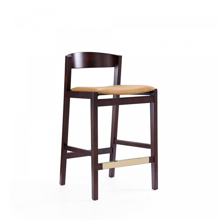 Tabouret de comptoir en bois rembourre style Klismos mi-siecle moderne couleur camel - Lot de 2