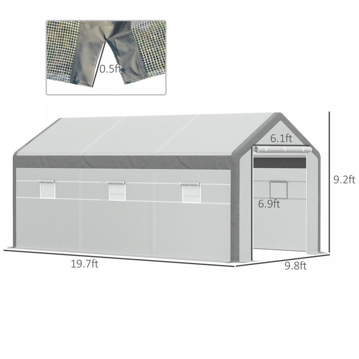 Outsunny Serre De Jardin Tunnel Surface Sol 18 MĠ 6l X 3l X 2,8h M Chassis Tubulaire Renforce Acier 2 Portes + 6 Fenetres Enroulables Pe Polyester Blanc Gris
