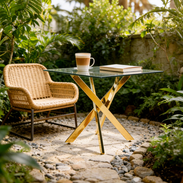 Table a manger carree en verre Olivia avec fonction polyvalente, finition doree