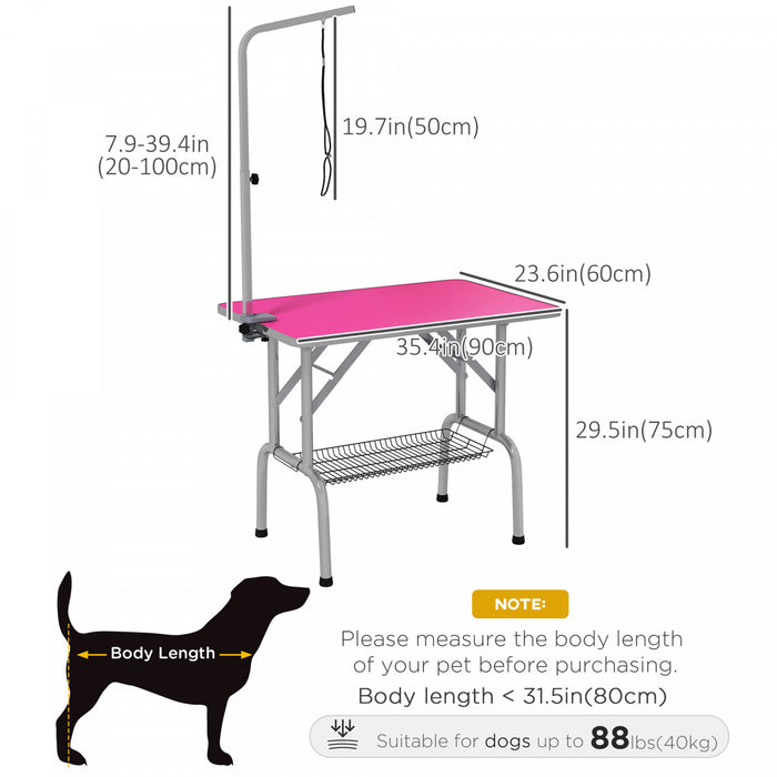 Pawhut Table De Toilettage Pliable En Acier Inoxydable Pour Chien Avec Bras Reglable Et Panier, Rose