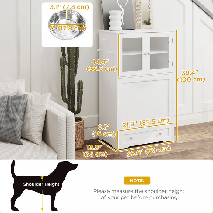 Pawhut Station D'alimentation Pour Chien Avec 2 Armoires De Rangement, Armoire De Stockage De Nourriture Pour Chien Avec 2 Gamelles Surelevees, Kit Anti-basculement, Blanc