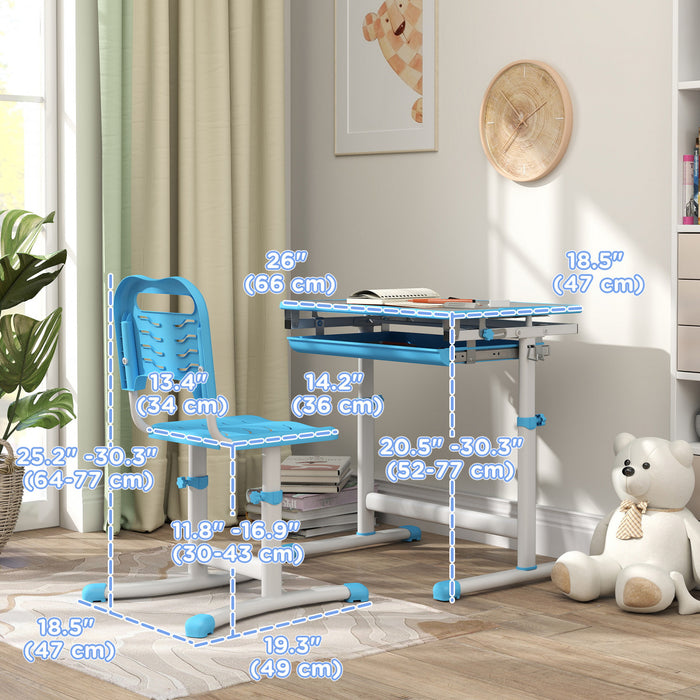 Qaba Ensemble Bureau Et Chaise Pour Enfants Reglable Bureau Inclinable Bleu