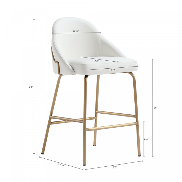 Tabouret de comptoir moderne Gracie en metal, rembourre, blanc et or