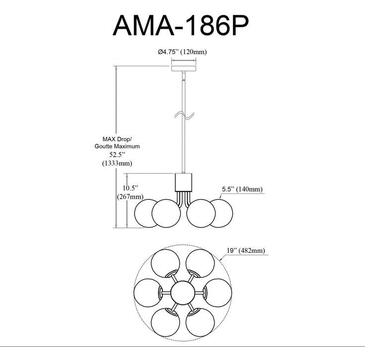Luminaire suspendu Amanda de Dainolite en verre blanc opale, avec fini laiton vieilli et 6 ampoules