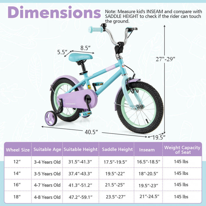 Costway 14\" Velo Pour Enfants Avec Guidon Reglable De Selle Roues D'entrainement Amovibles Frein A Main Bleu
