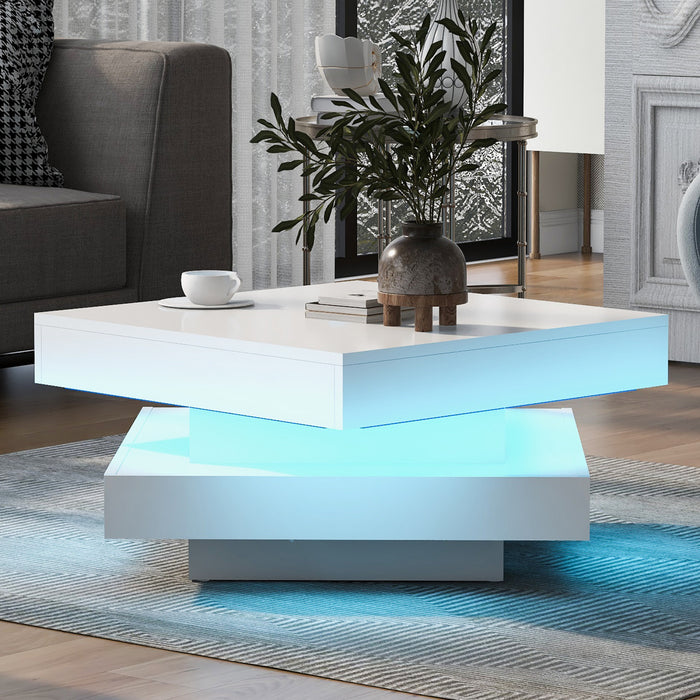Ryan table basse pivotante – table basse avec eclairage LED et plateau rotatif a 360°, blanc