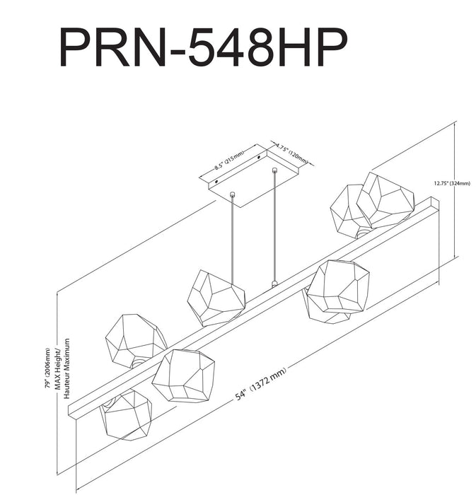 Luminaire suspendu horizontal Pearlene de Dainolite en verre transparent, avec fini laiton vieilli et 8 ampoules