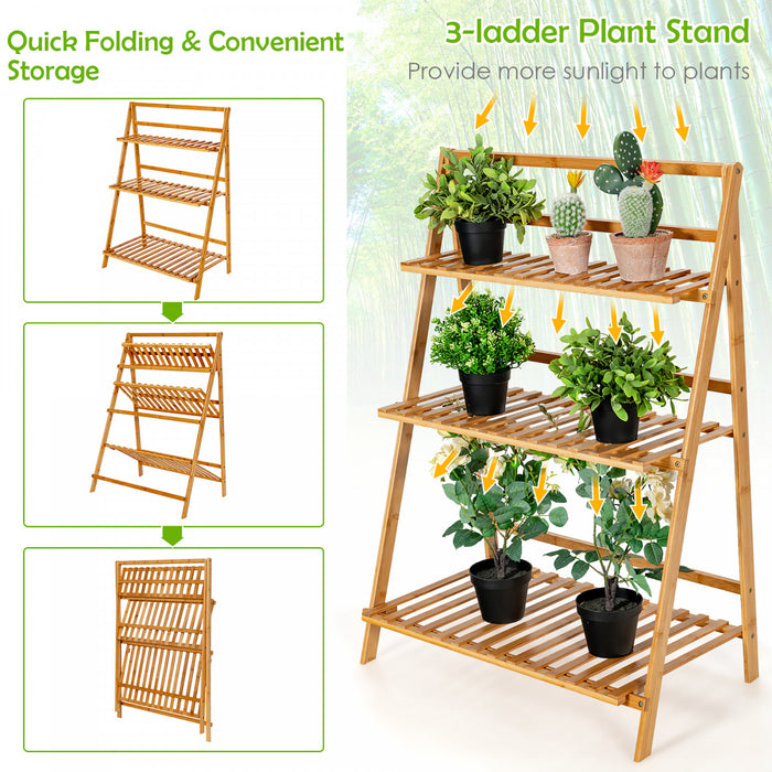 Support De Plantes De Marque Costway Echelle Pliable En Bambou Sur 3 Niveaux Presentoir/support Pour Pots De Fleur Naturel