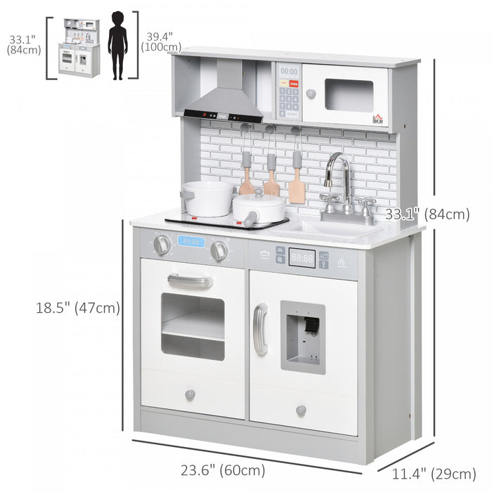 Qaba Cuisine Pour Enfants 3-6 Ans Dinette Jeu D'imitation Educatif Complet Nombreux Accessoires Effets Sonore Materiau En Mdf Robuste 23.5\" X 11.5\" X 33\" Gris Blanc
