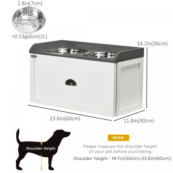 Pawhut Gamelles Surelevees Pour Grands Chiens, Station D'alimentation Surelevee Pour Animaux Avec 2 Gamelles En Acier Inoxydable, Tiroir De Rangement Cache, Support En Bois Pour Chats, Blanc