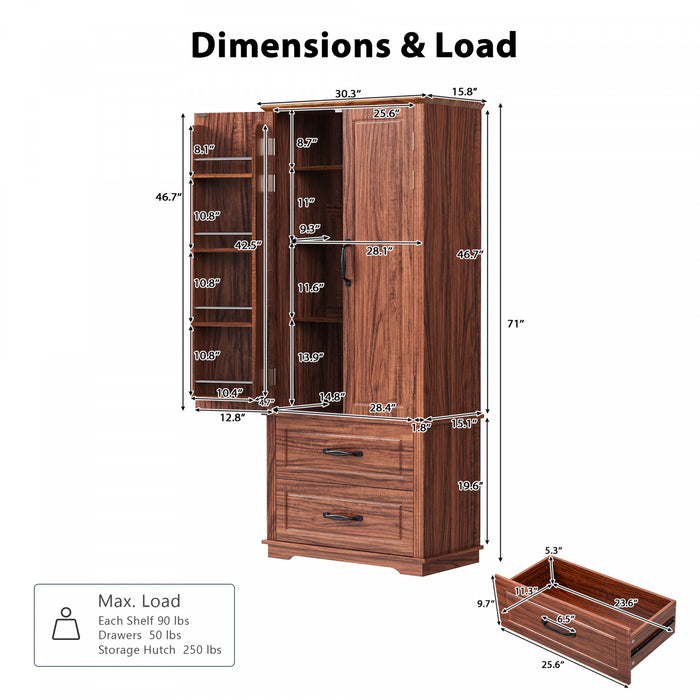 Armoire De Rangement Angela 71\" Avec Etageres Reglables Et 2 Tiroirs - Brune