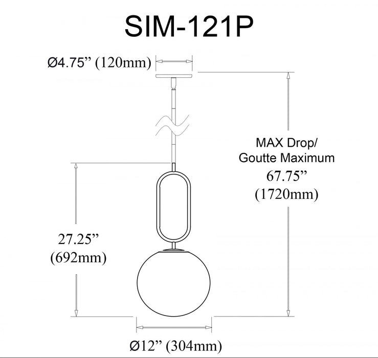 Luminaire suspendu Simone de Dainolite en verre blanc opale, avec fini noir mat et 1 ampoule