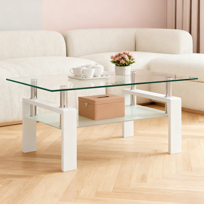 Table basse moderne rectangulaire en verre trempe transparent Liam, avec pieds blancs