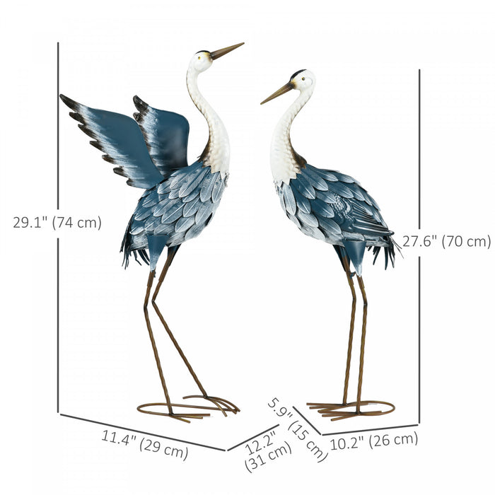 Outsunny Lot De 2 Statues De Jardin En Metal Representant Un Heron, Bleu