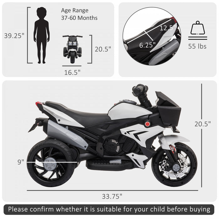 Aosom Pedale Electrique Moto A Chevaucher Jouet 6v Pour Enfants Alimente Par Batterie Avec Klaxon De Musique Phares Moto Pour Filles Garcon 37-95 Mois Blanc