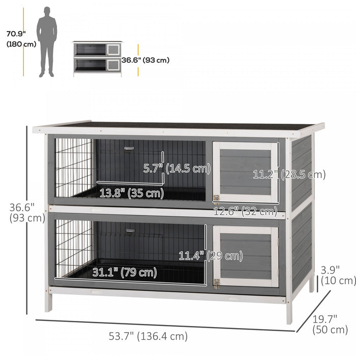 Pawhut Lapin Hutch Lapin Maison Pour Animaux De Compagnie Coop En Bois Run Habitat Volaille 2 Etages Avec Run Gris
