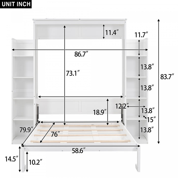 Aiden Lit escamotable Murphy avec etageres et eclairage LED, taille Full, blanc