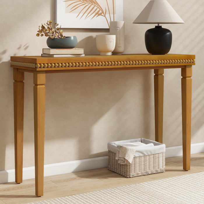 Console rustique en bois Martha 120 cm avec bordure perlee decorative - brune