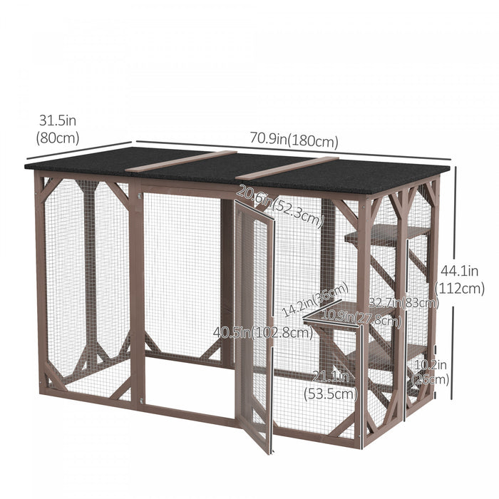 Pawhut Cage Pour Chat Maison D'exterieur En Bois Pour Chat Cage Interieure Avec Toit En Asphalte, Plateformes A Plusieurs Niveaux Et Grande Porte D'entree - 71\"l, Marron