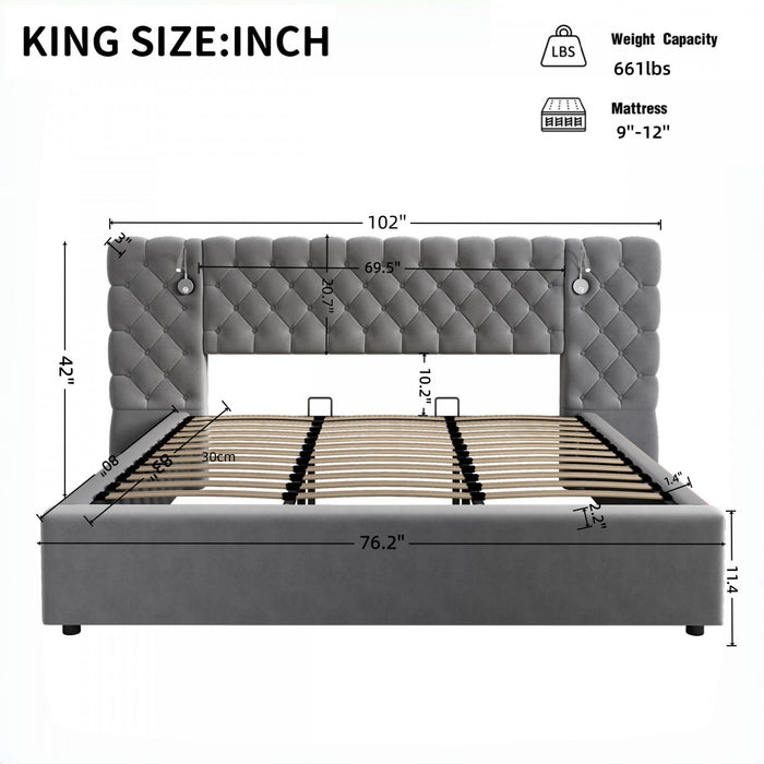 Lit de luxe rembourre en velours doux Malcolm avec tete de lit capitonnee en diamant et lampes de lecture, taille King, gris