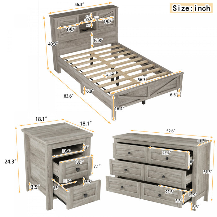 Madison Ensemble de chambre avec lit plateforme style ferme, rangement et station de recharge, taille Full, gris