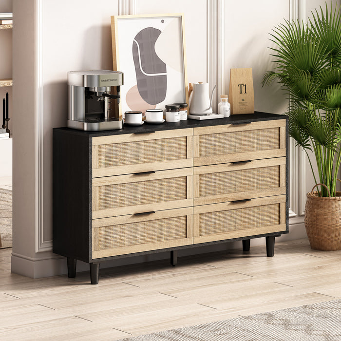 Meuble de rangement moderne Mila a 6 tiroirs en rotin avec structure en bois manufacture, noir, 130 cm
