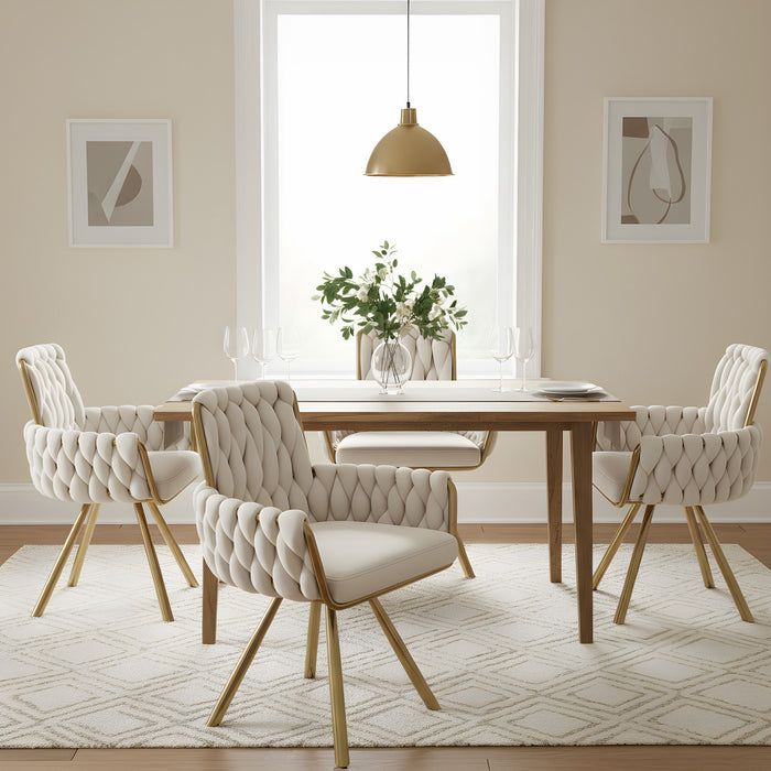 Chaises de salle a manger pivotantes Timothy en velours avec revetement capitonne et pieds en metal dore, lot de 4