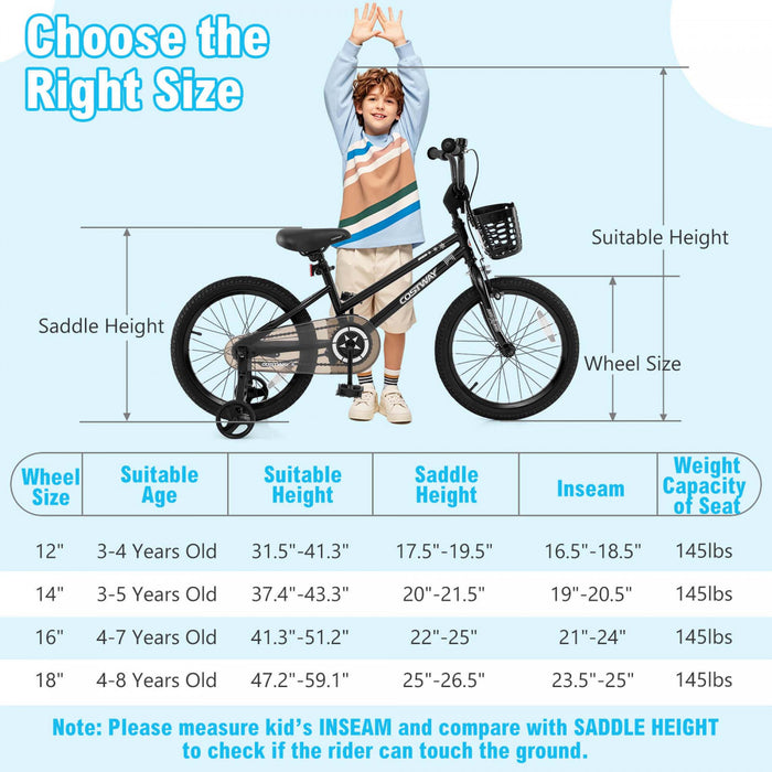 Costway 16\" Velo Pour Enfants Avec Roues D'entrainement Guidon Et Frein A Main Reglable Noir