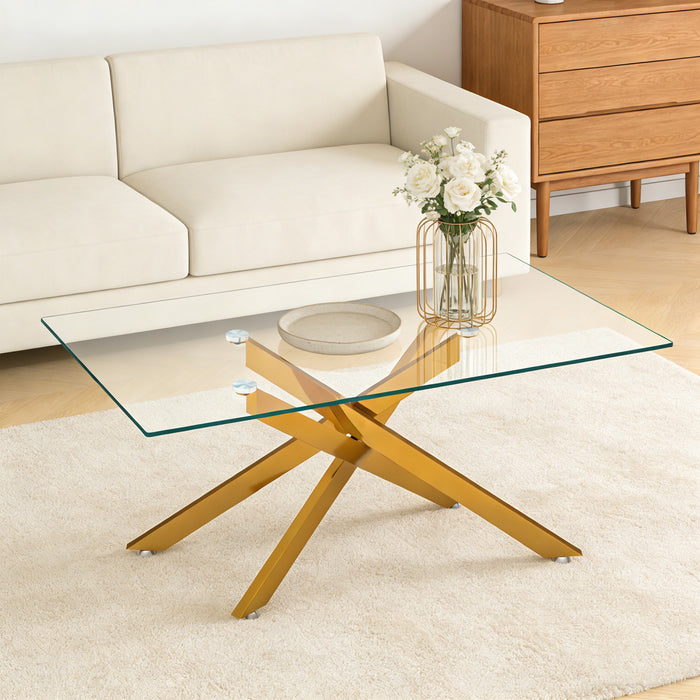 Table basse rectangulaire en verre de 39,37\" Olivia avec pieds metalliques elegants, doree
