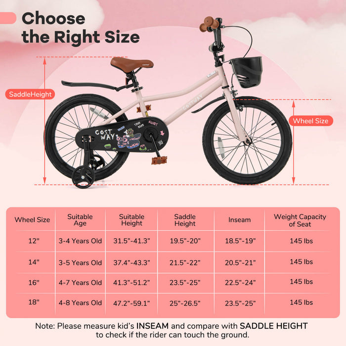 Costway 18\" Velo Pour Enfants Avec Roues D'entrainement Guidon Reglable Et Frein A Main De Siege Rose