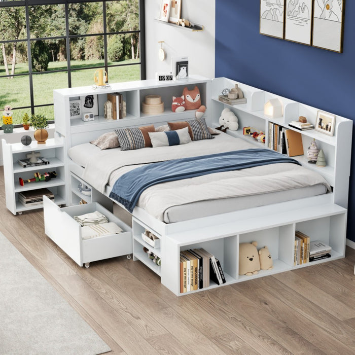 Banquette-lit multifonction Ethan avec rangement integre, tiroirs et bibliotheque, taille full, blanc