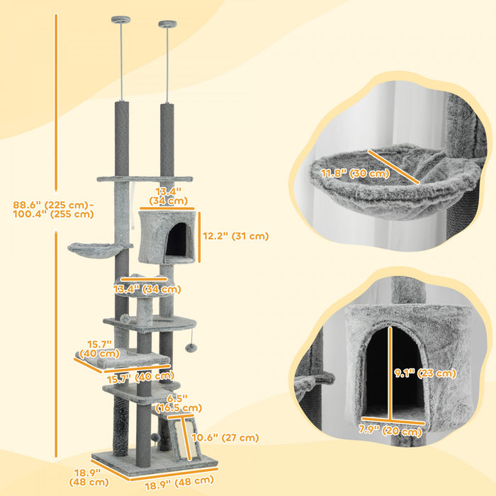 Pawhut Tour A Chat Pour Grands Chats, Arbre A Chat Du Sol Au Plafond Pour Chats D'interieur, Hauteur Reglable 89 A 100\", Tour D'escalade A Plusieurs Niveaux Avec Griffoirs, Rampe