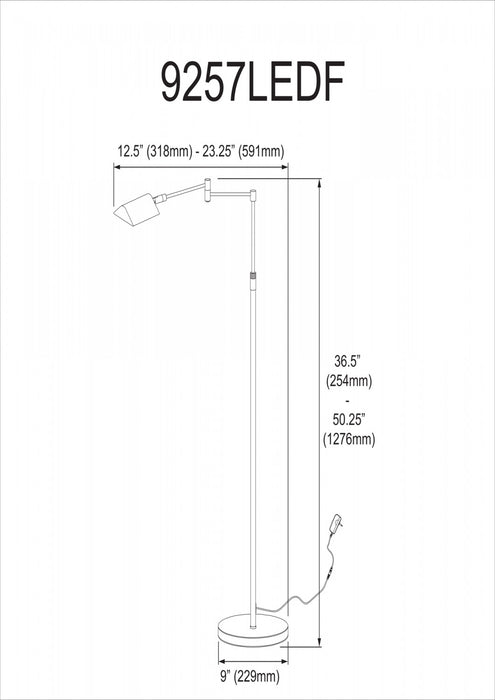 Lampe à pied de Dainolite à bras articulé, avec fini nickel satiné et ampoule à DEL de 9 W