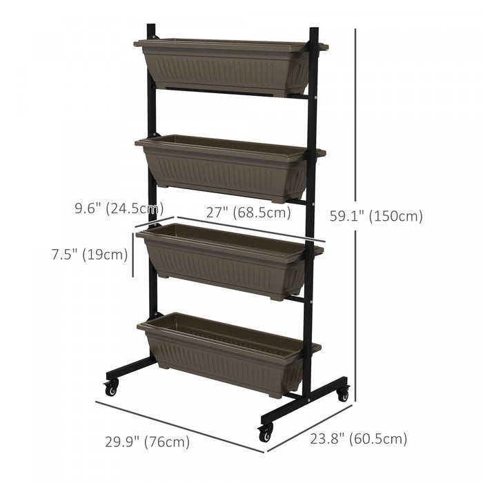 Outsunny Lit De Jardin Sureleve Vertical De 4 Niveaux Avec 4 Boites De Jardiniere, Roues, Support De Plante Exterieur Cultivent Le Conteneur Avec Des Trous De Fuite Pour Patio De Balcon, Brun