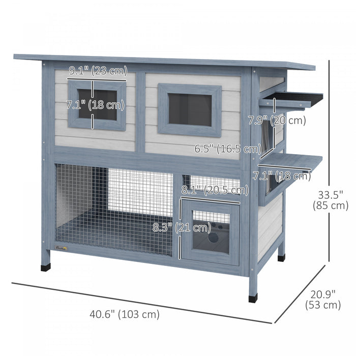 Pawhut Niche D'exterieur Pour Chat, Abri En Bois A 2 Niveaux Avec Porte, Toit Resistant Aux Intemperies, Plateforme De Saut, Fenetres D'observation, Pour 1 A 2 Chats, Utilisation Exterieur, Gris Clair