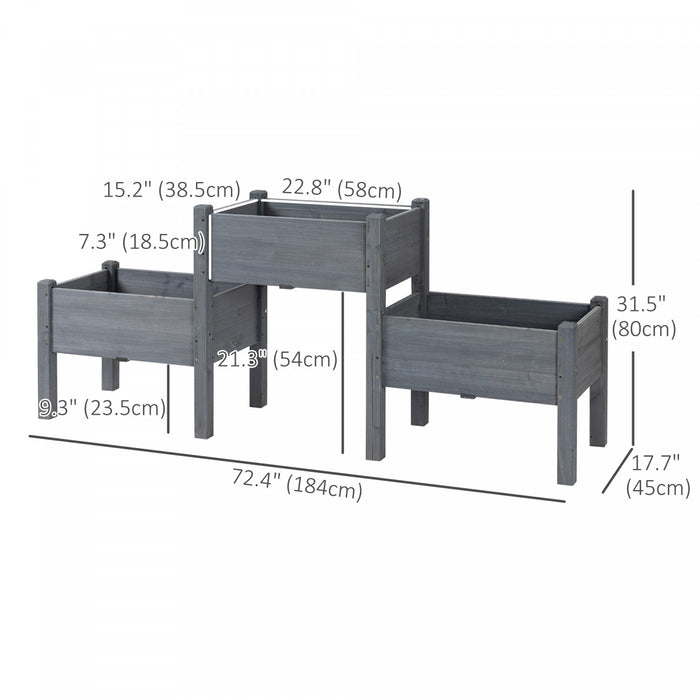Outsunny Lit De Jardin Sureleve Avec 3 Jardinieres, Support Pour Plantes En Bois Autoportant Avec Trous De Drainage, Pour Legumes, Herbes Et Fleurs, Gris