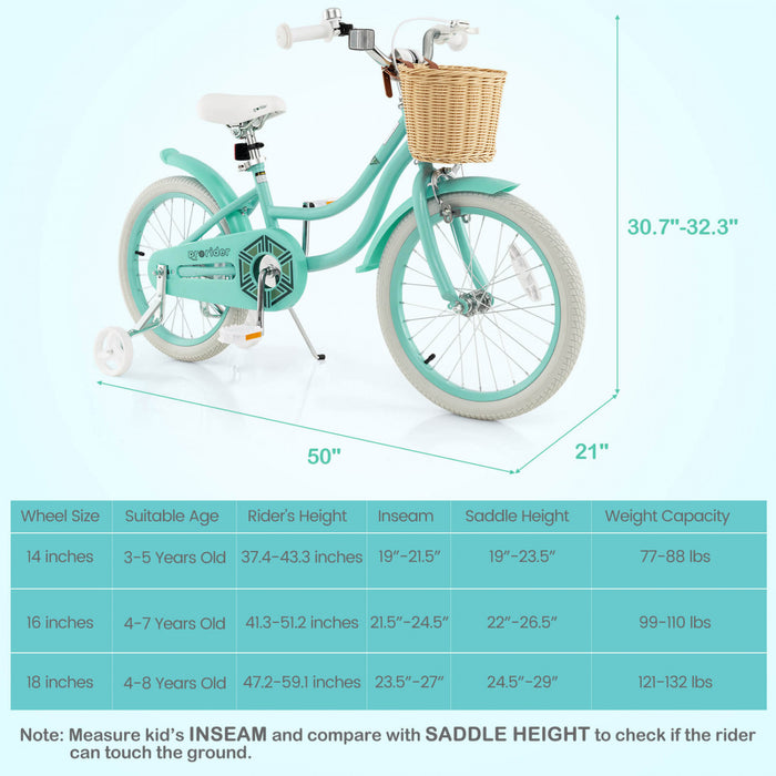 Costway 18\" Velo Enfant Avec Roues D'entrainement Reglable Guidon Siege Frein A Main Vert