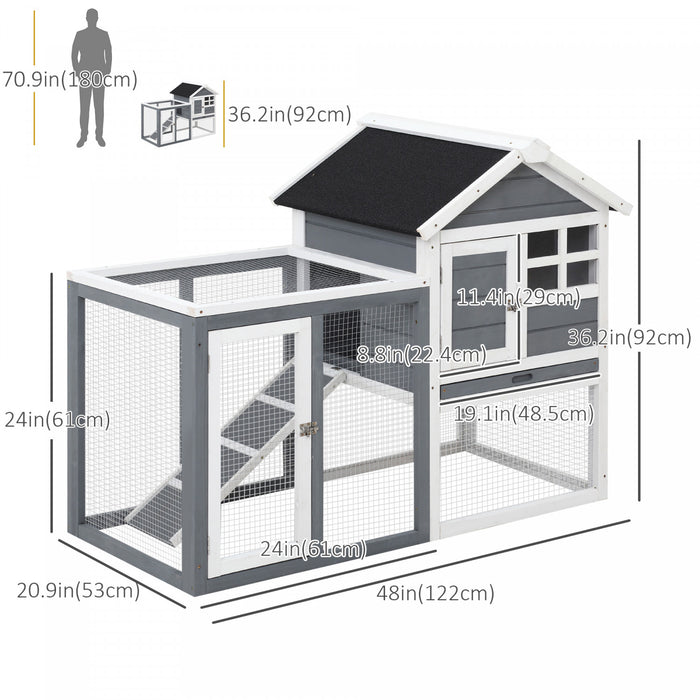 Pawhut 48\" Cage A Lapins Clapier En Bois Resistant Aux Intemperies Avec Toit Incline Et Enclos Exterieur Grillage, Gris