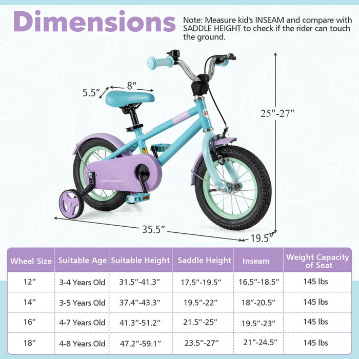 Costway 12\" Velo Pour Enfants Avec Guidon Reglable De Selle Roues D'entrainement Amovibles Frein A Main Bleu