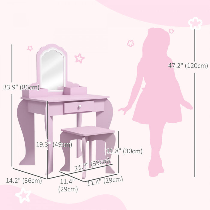 Qaba Table De Vanite Pour Enfants, Vanite De Maquillage Avec Miroir Et Tabouret, Conception De Nuage, Tiroir, Boites De Rangement, Pour 3-6 Ans, Rose