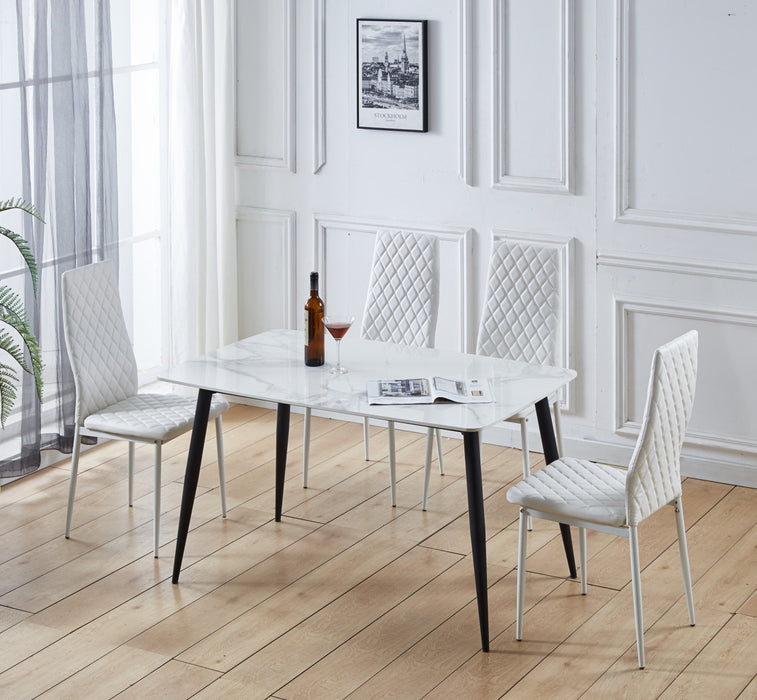 Ensemble de chaises de salle a manger modernes Ava avec motif de grille en diamant (lot de 4), cuir ignifuge et cadre en metal, blanc