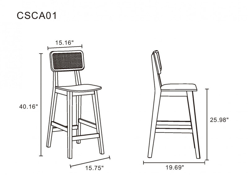 Tabouret de comptoir industriel chic Versailles avec dossier en cannage, bois noir et naturel - Lot de 3