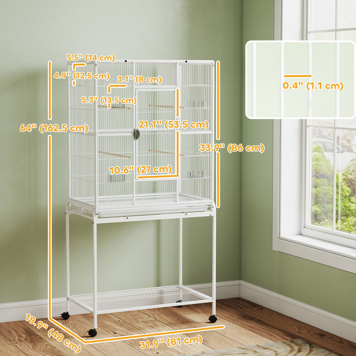 PawHut Cage a Oiseaux 64\", Cage Metallique Roulante pour Perroquet, Maison avec Support a Roulettes Detachable, Etagere de Rangement, Perchoir en Bois, Recipient Alimentaire, Blanc